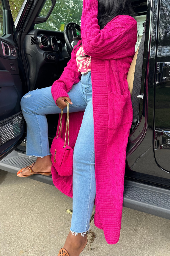 Hot pink long on sale cardigan