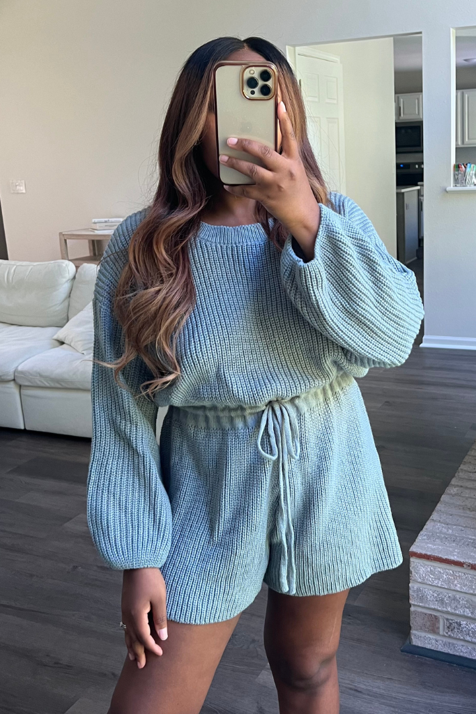Long Sleeve Sweater Knit Romper | Dusty Blue