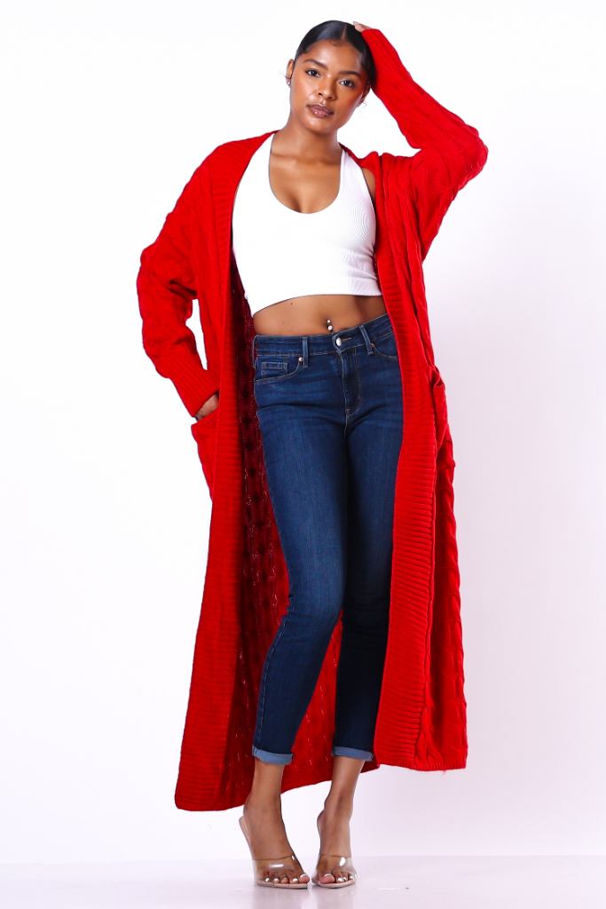 Long Waffle Knit Open Cardigan | Red