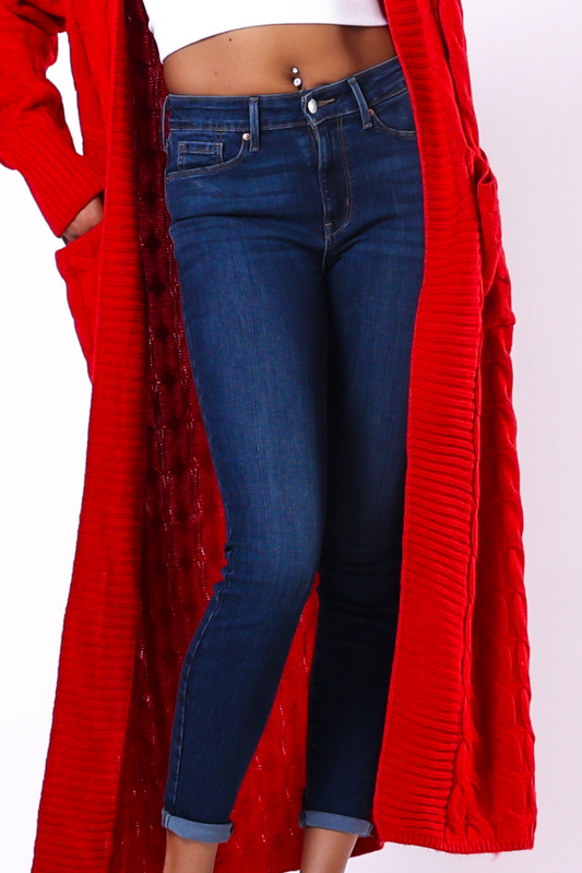 Long Waffle Knit Open Cardigan | Red