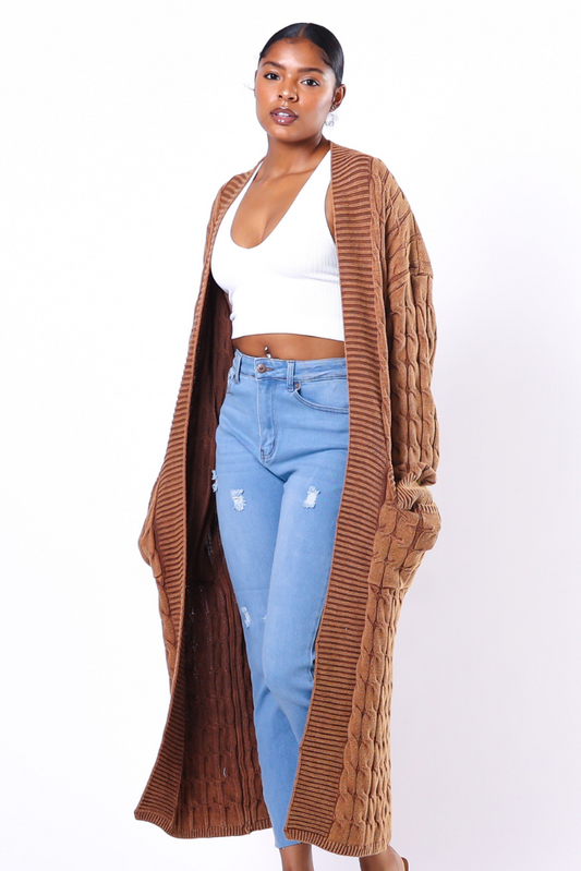 Washed Cable Knit Open Cardigan | Camel