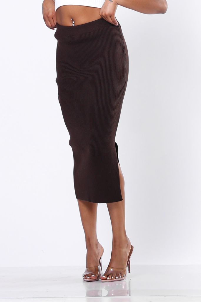 High-Waist Ribbed Midi Skirt | Dark Brown