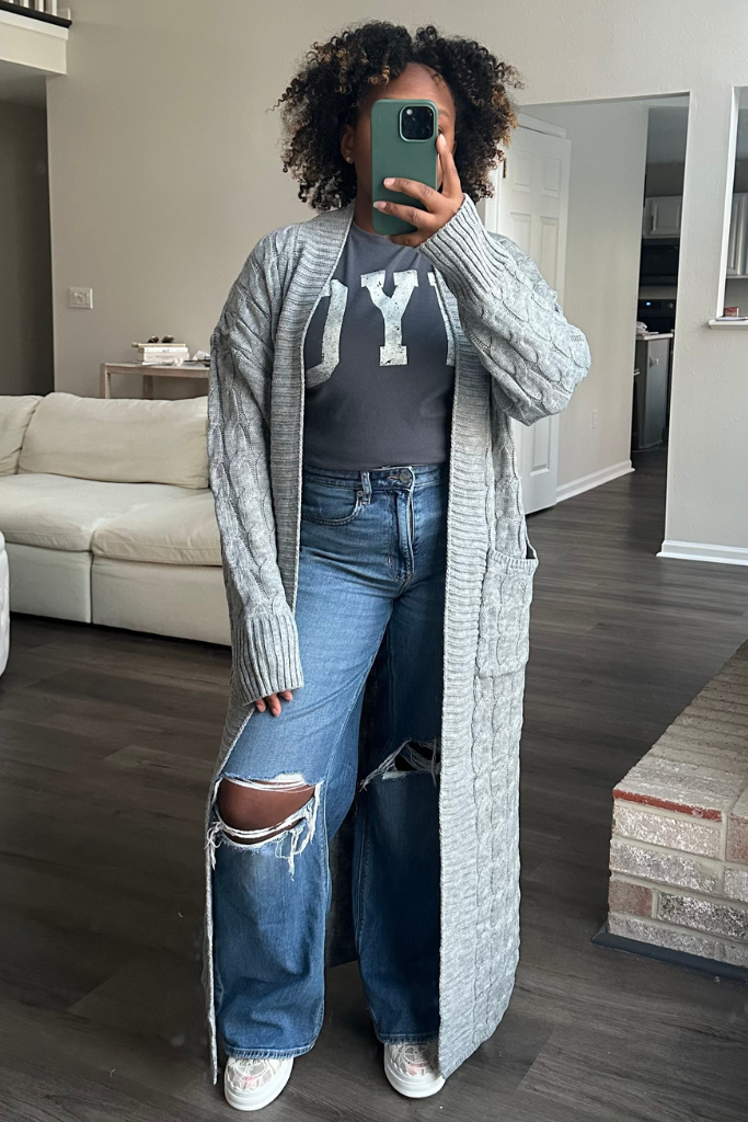 Knit Cardigan Outfit With Long Grey Cardigan Outfit Gray Open