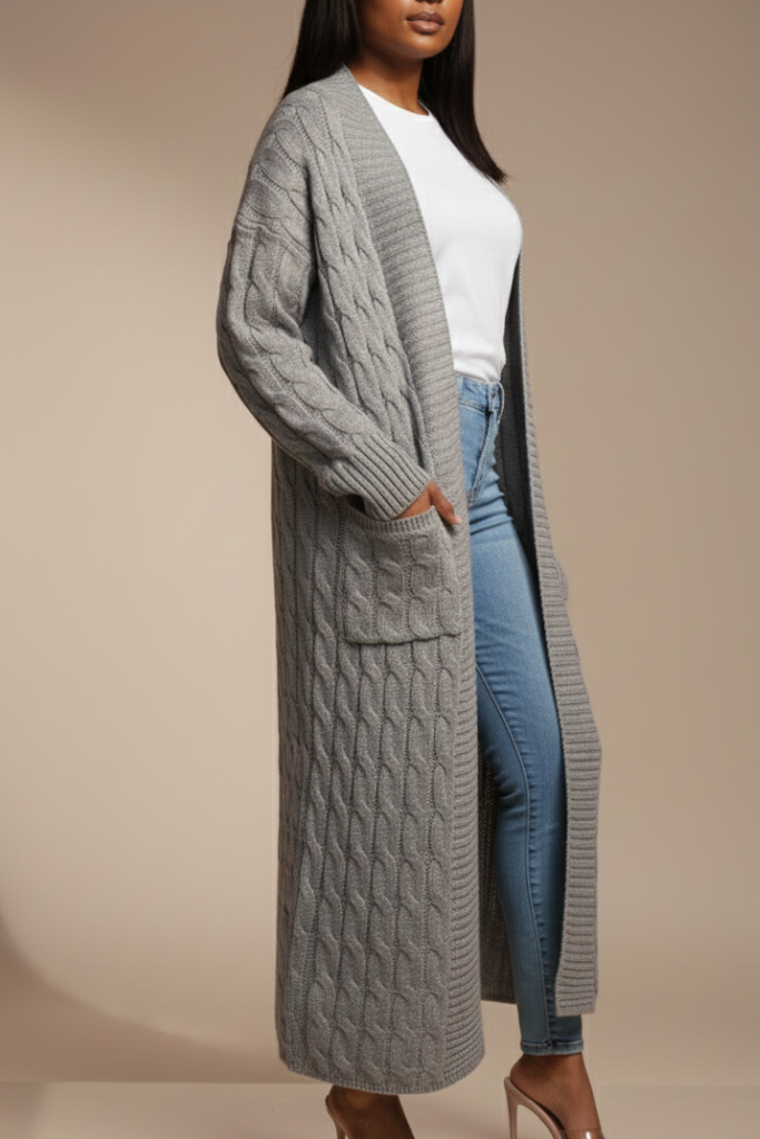 Long Cable Knit Open Cardigan | Heather Grey