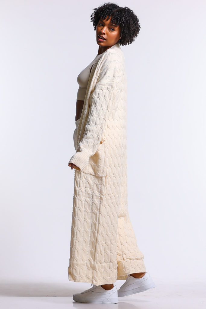 Long Cable Knit Open Cardigan | Ivory