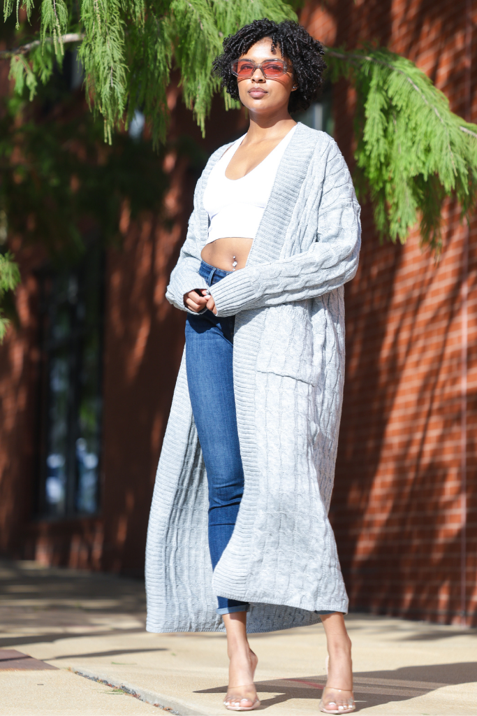 Long Cable Knit Open Cardigan | Heather Grey