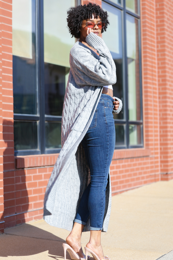Long Cable Knit Open Cardigan | Heather Grey
