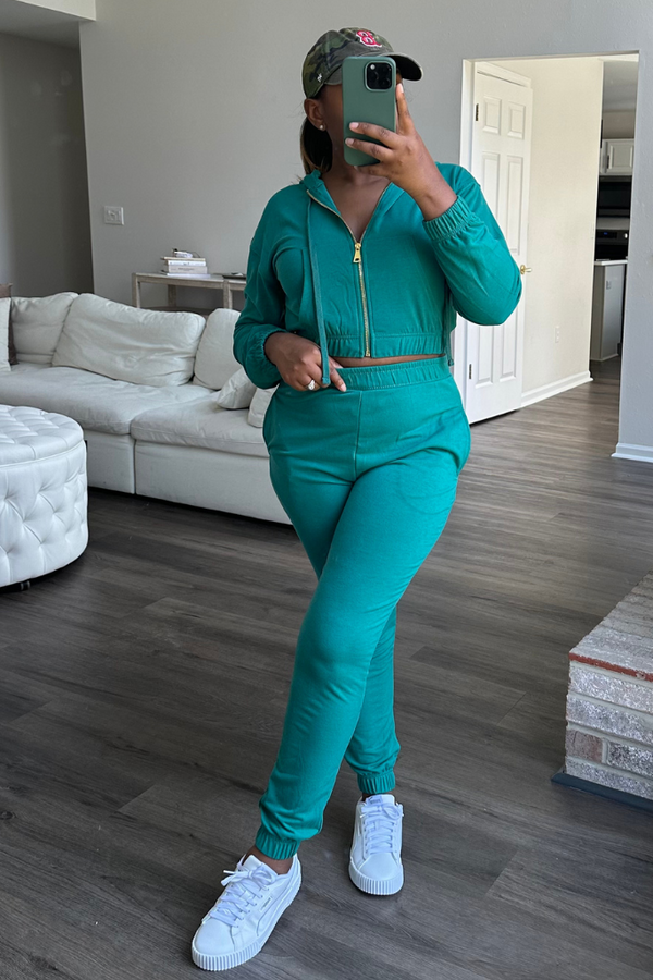 French Terry Hoodie Jogger Set | Teal Green