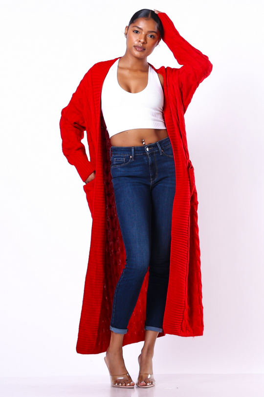 Long Cable Knit Open Cardigan | Red