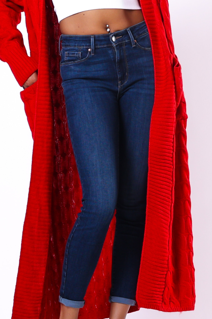 Long Cable Knit Open Cardigan | Red