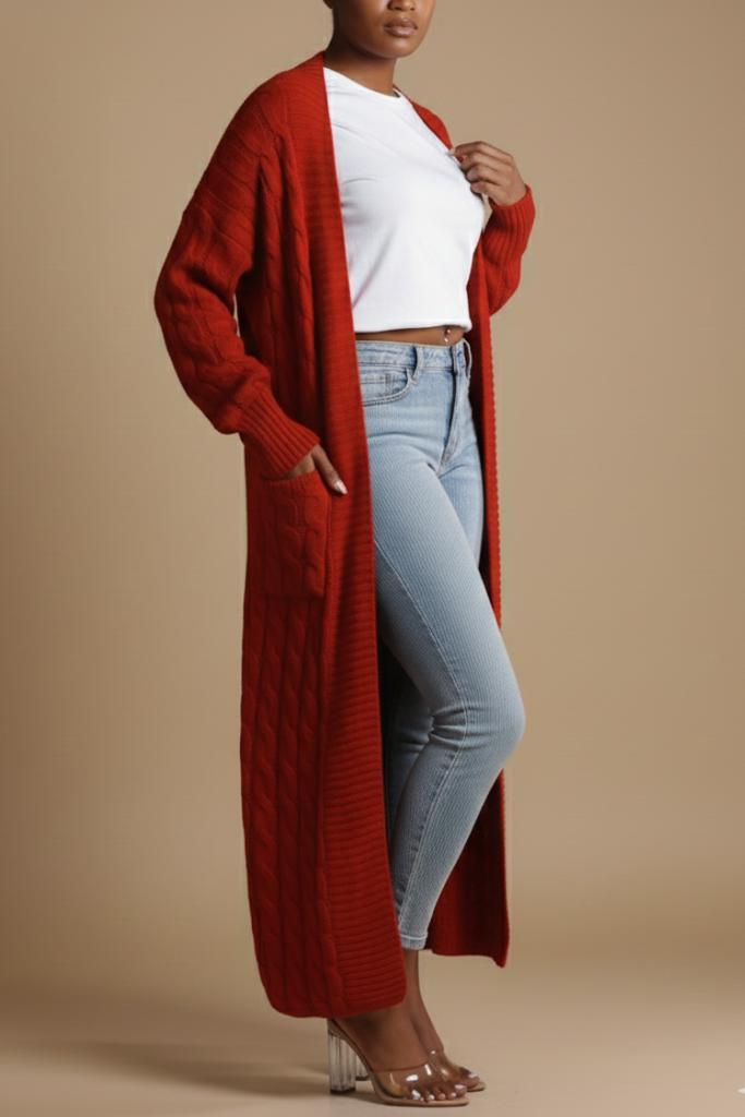 Long Cable Knit Open Cardigan | Red