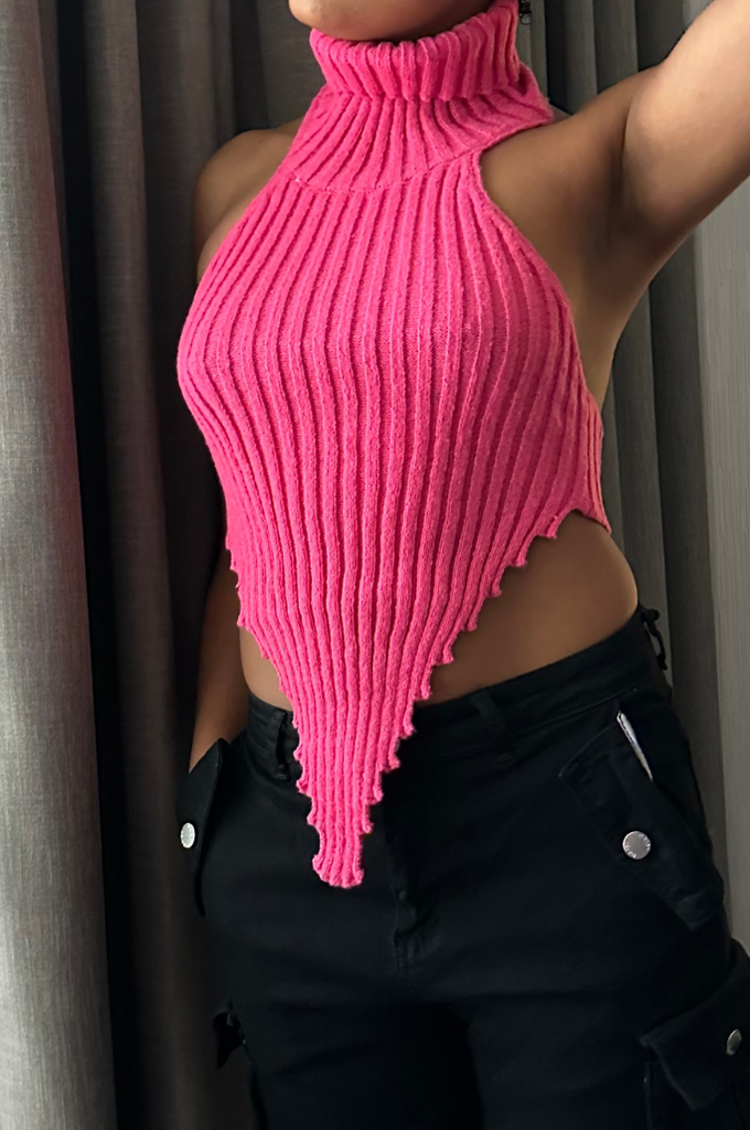 Cable Knit Sleeveless Turtleneck Knit Halter Top