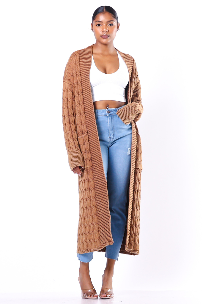 Washed Cable Knit Open Cardigan | Camel