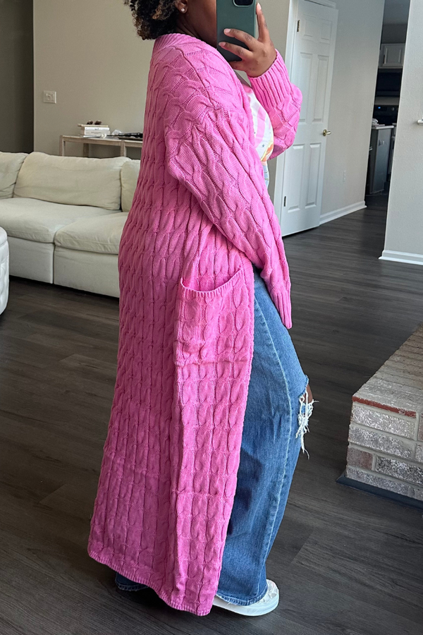 Long Waffle Knit Open Cardigan | Pink