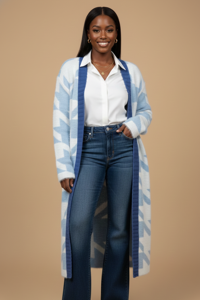 Oversized Houndstooth Knit Cardigan | Blue