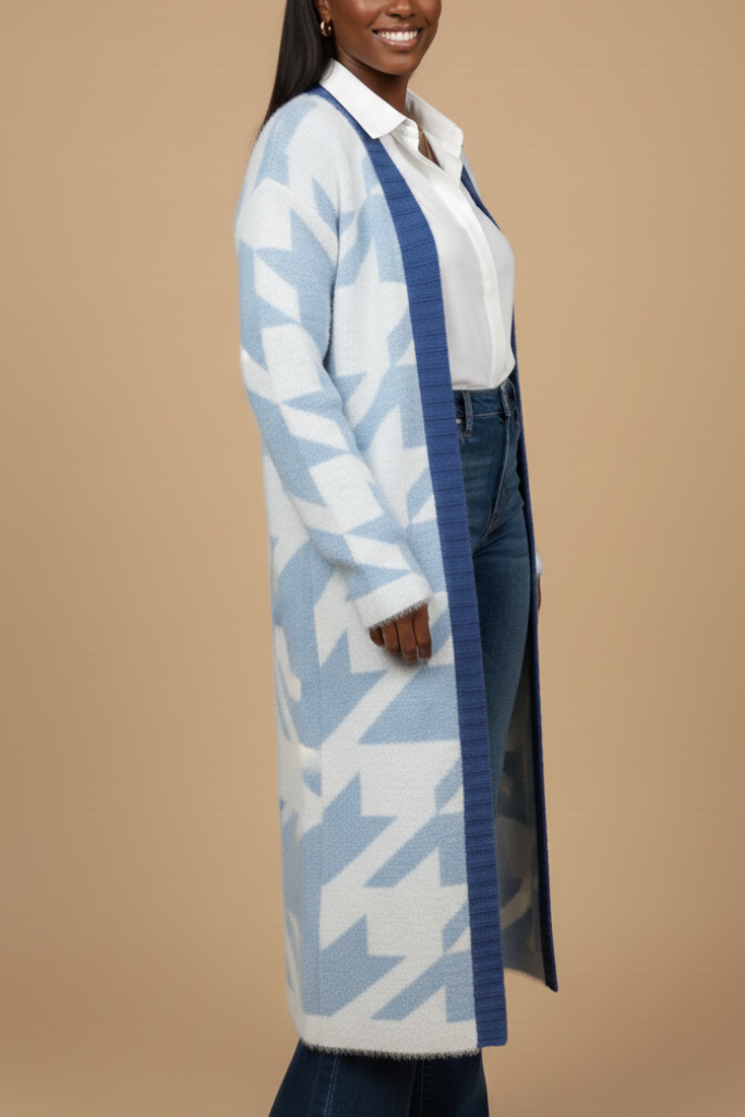 Oversized Houndstooth Knit Cardigan | Blue