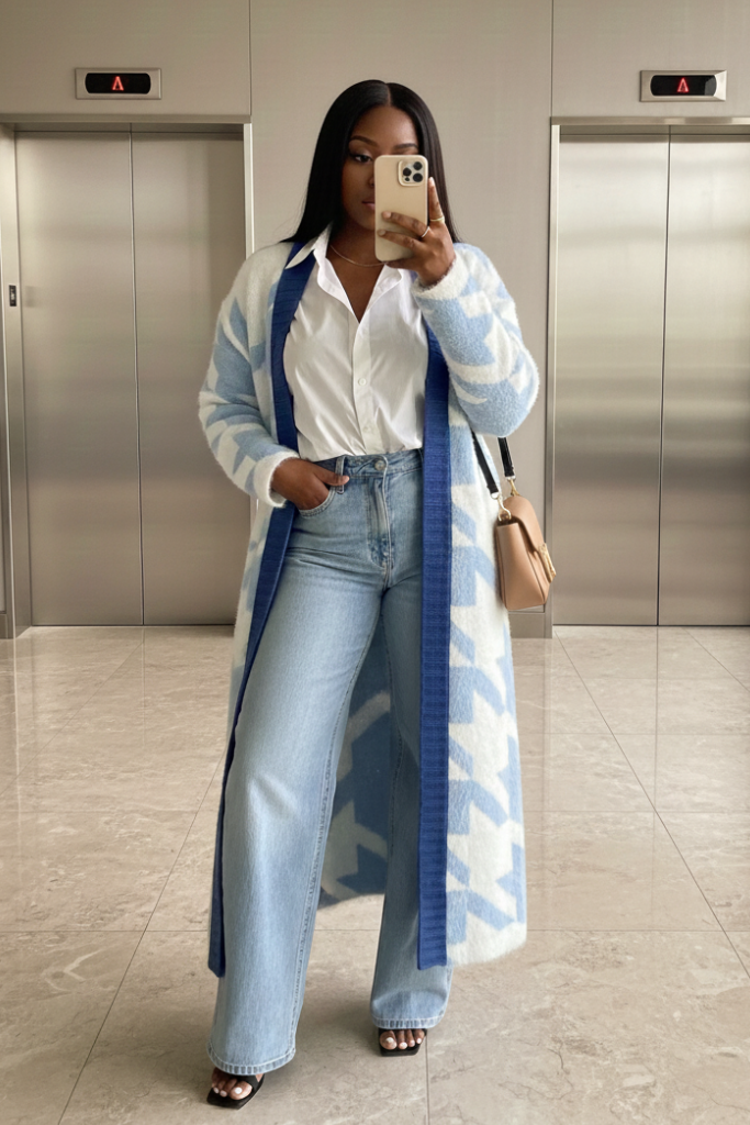 Oversized Houndstooth Knit Cardigan | Blue