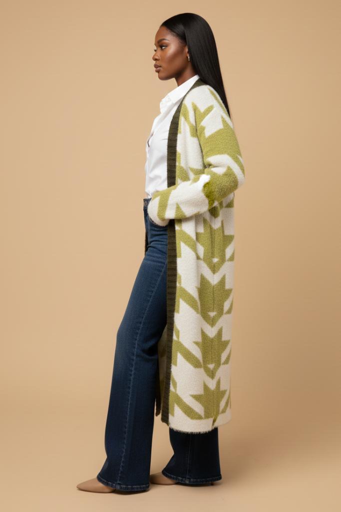 Oversized Houndstooth Knit Cardigan | Green