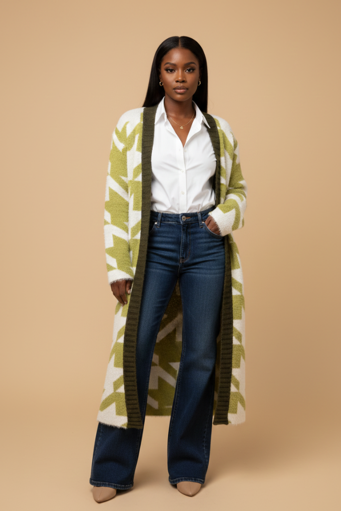 Oversized Houndstooth Knit Cardigan | Green