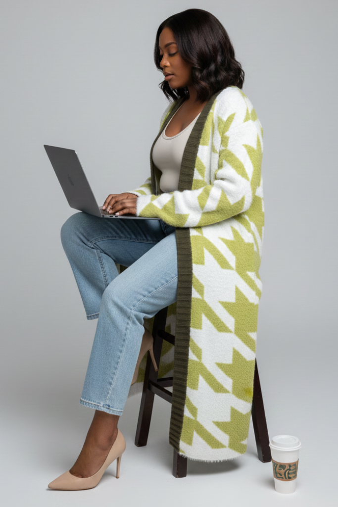 Oversized Houndstooth Knit Cardigan | Green