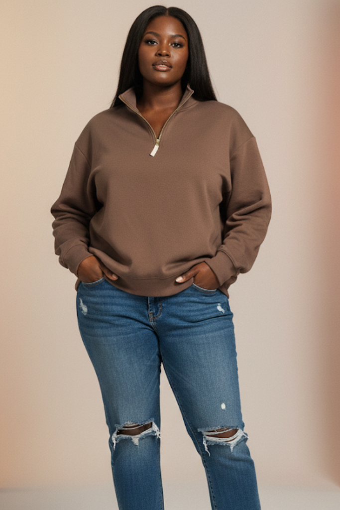 [Plus] Fleece Half Zip Sweatshirt - Brown