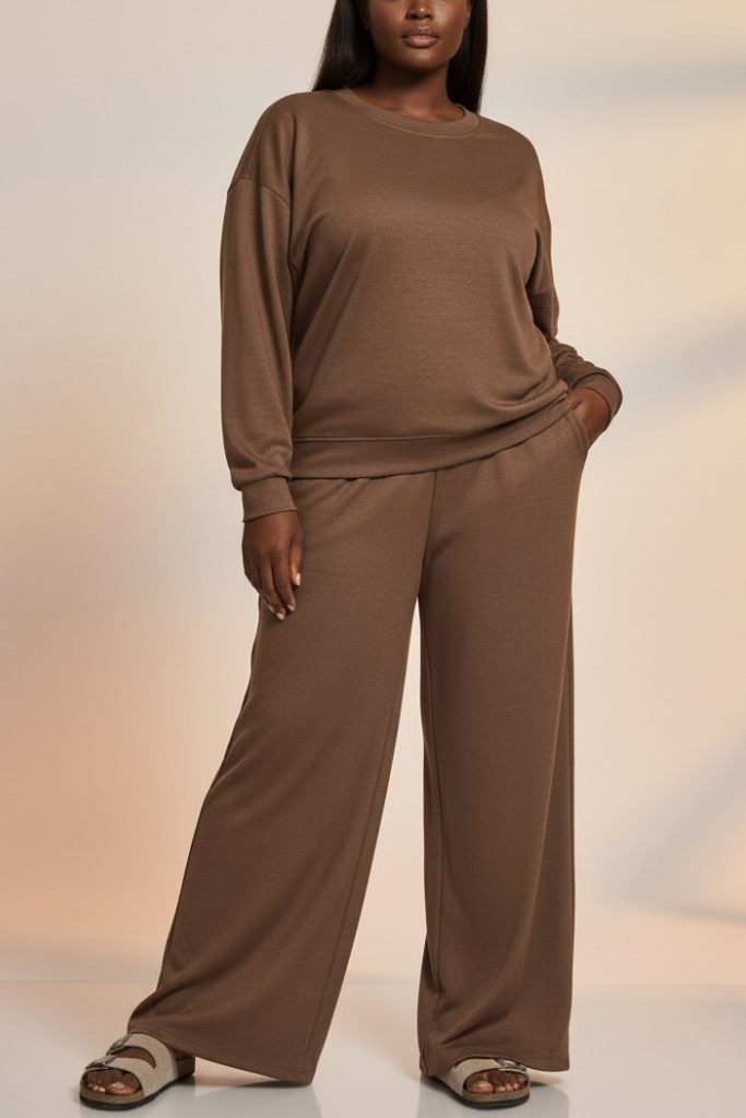 [Plus] Scuba Pullover & Pants Set - Brown