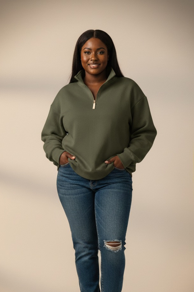 [Plus] Fleece Half Zip Sweatshirt - Olive