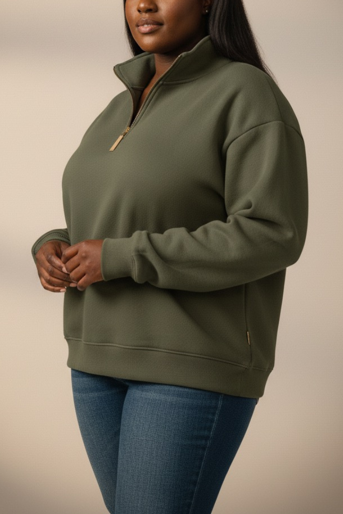 [Plus] Fleece Half Zip Sweatshirt - Olive