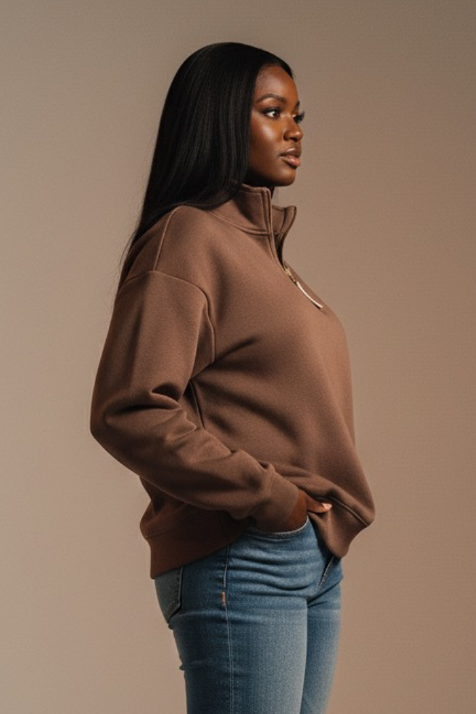 Fleece Half Zip Sweatshirt - Brown