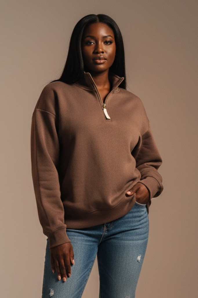 Fleece Half Zip Sweatshirt - Brown