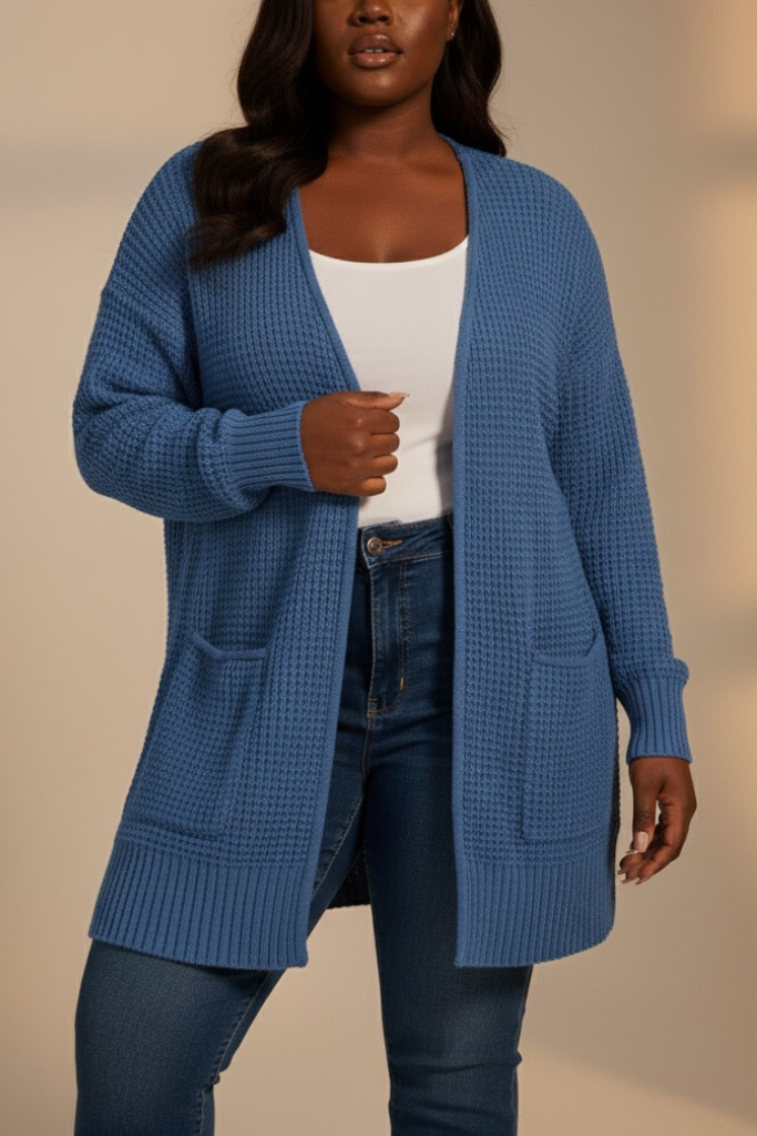 Waffle Knit Cardigan - Dusty Blue