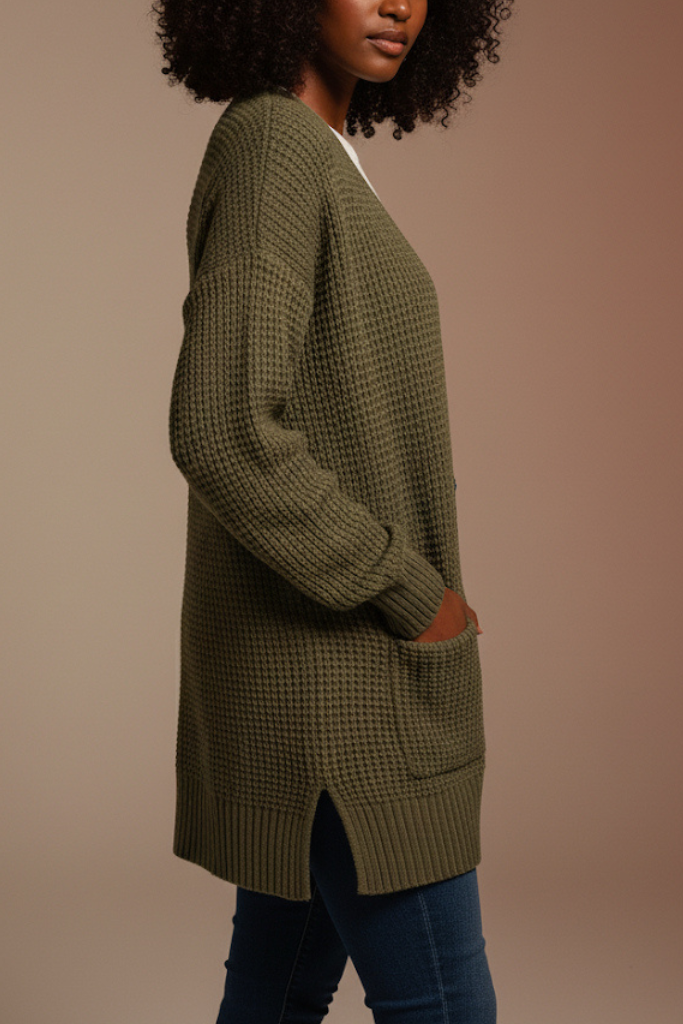 Waffle Knit Cardigan - Olive