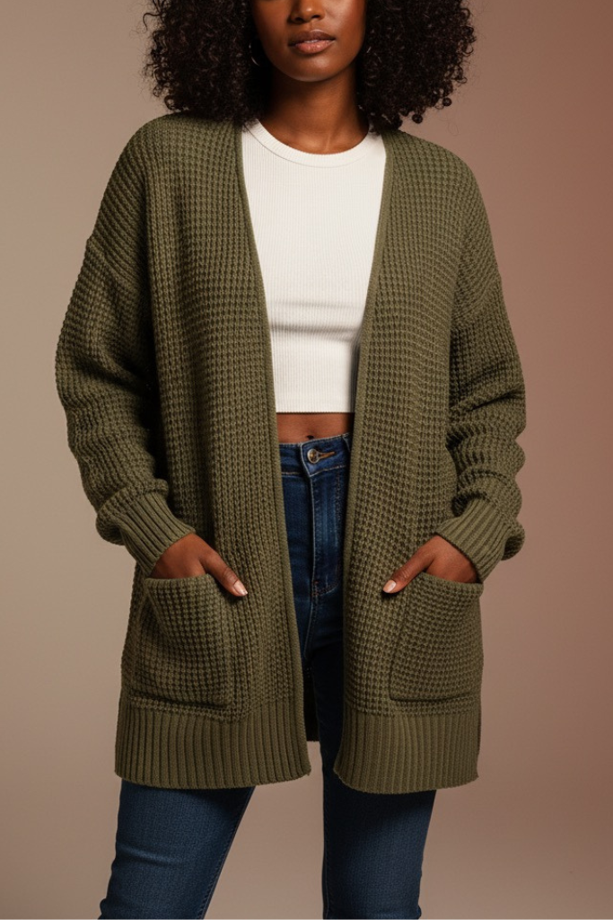 Waffle Knit Cardigan - Olive