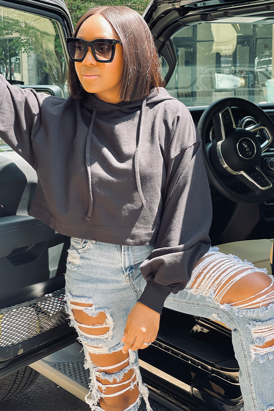 Black French Terry Cropped Hoodie
