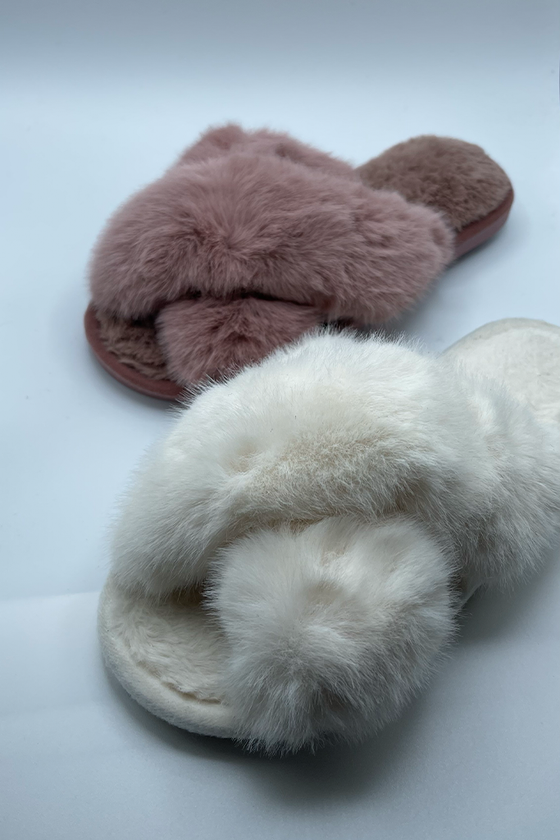 Faux Fur Cross Band Slippers | [5 Colors]