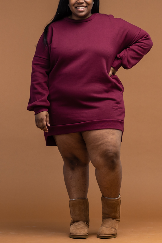 [PLUS] Hi-Low Hem Sweatshirt Dress | Dark Burgundy